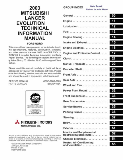 Mitsubishi Lancer Service manual 2003 Pdf