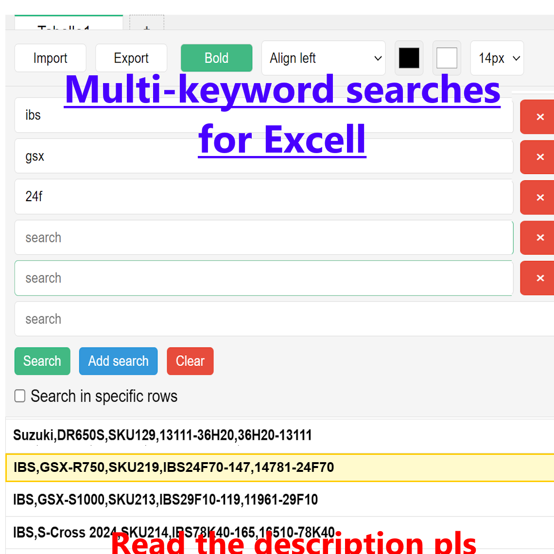 Multi keyword search for Excel